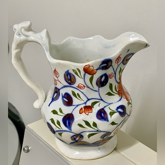 19th Century Antique Gaudy Welsh Vine  Pattern Lustreware Jug Handled Pitcher - Picture 11 of 16